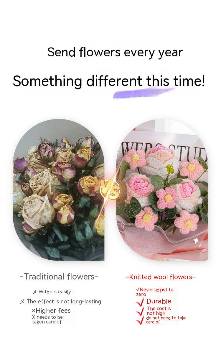 Gehaakt boeket bloemen Boeket Klassieke zonnebloemen & tulpen Blauwe rozen & Madeliefjes Gele anjers & knoppen Rode rozen & margrieten Roze rozen & witte knoppen