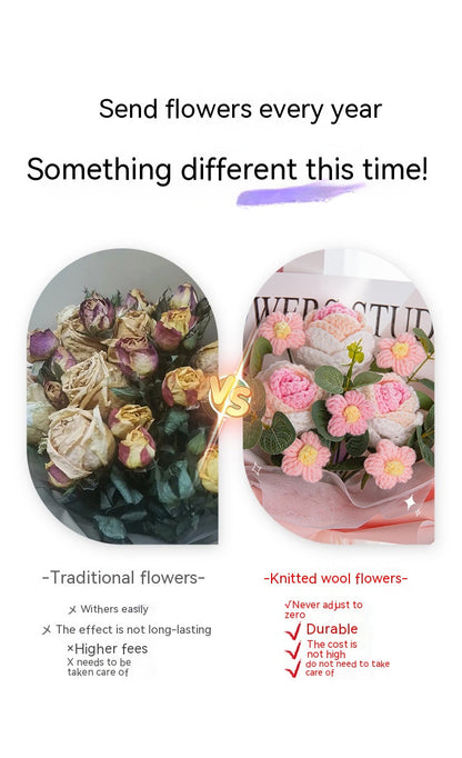 Gehaakt boeket bloemen Boeket Klassieke zonnebloemen & tulpen Blauwe rozen & Madeliefjes Gele anjers & knoppen Rode rozen & margrieten Roze rozen & witte knoppen